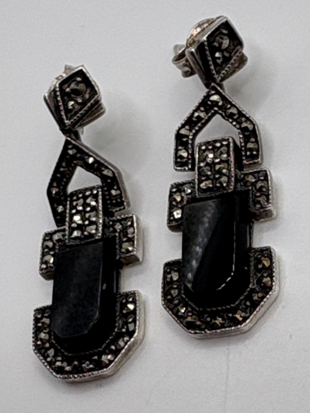 ART DECO MARCASITE ONYX POST DROP EARRINGS Sterling Silver ACI